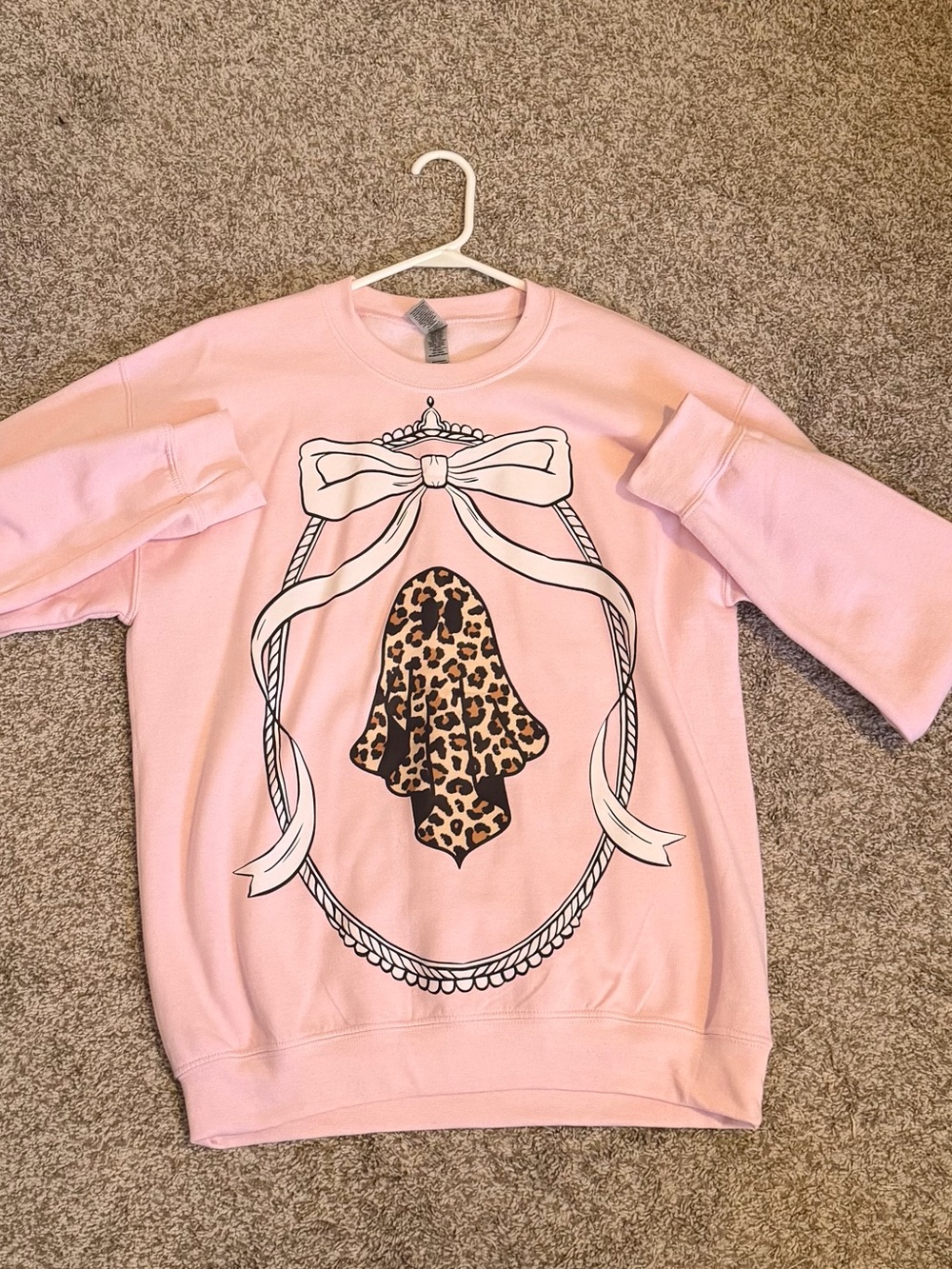 Girls Light Pink Leopard Bow Crewneck Sweatshirt